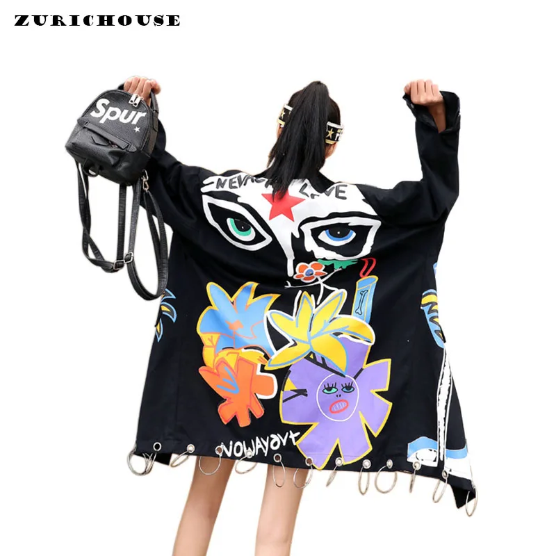 

ZURICHOUSE 2019 Trench Coat Woman Long Graffiti Print Overcoat Fashion New Punk Rivet Metal Ring Autumn Trench Female
