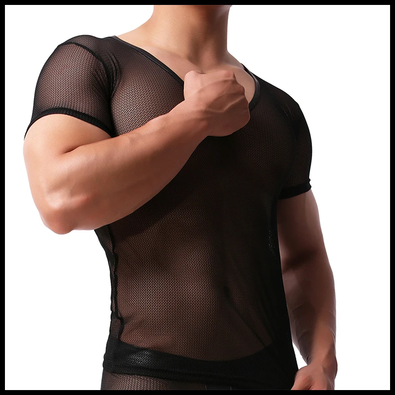 Мужские черные трусы/модные сетчатые дышащие прозрачные мужские рубашки/прозрачные Веселые топы с v-образным вырезом