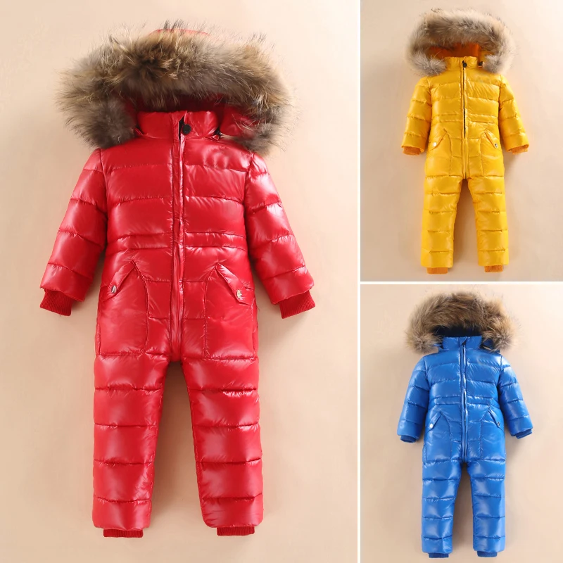 Discount Winter White Duck down jumpsuit gloves thicker socks 24m-5t of winter bib newborn baby romper baby infant snowsuit