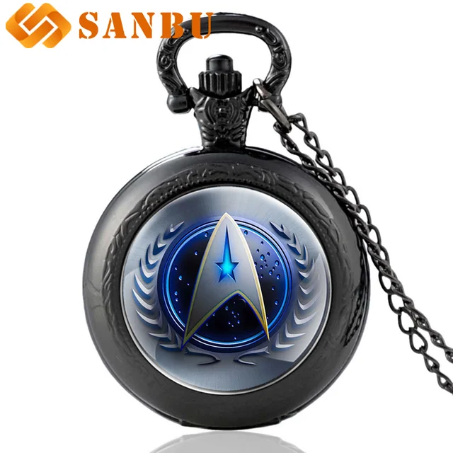 Black Fashion Star Trek Glass Cabochon Quartz Pocket Watch Black Necklace Vintag Black Fashion Star Trek Glass Cabochon Quartz Pocket Watch Black Necklace Vintag