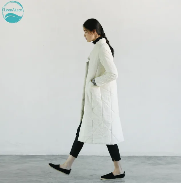 Cheap LinenAll.com women's parkas long cotton-padded jacket original design linen white and beige  thickening wadded jacket female YM