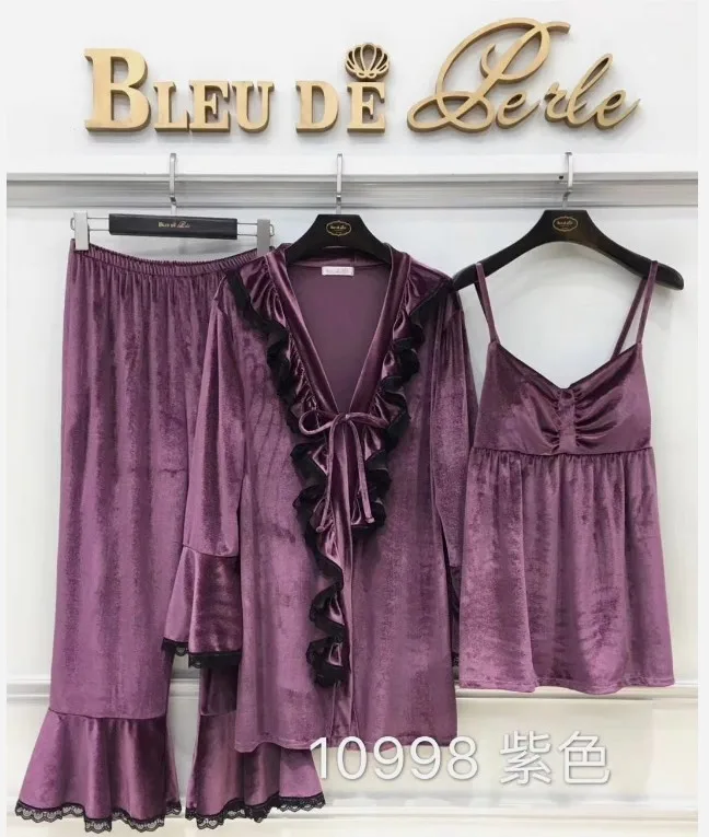 Новая мода осень зима женские однотонные бархатные пижамные комплекты роскошный лист лотоса три части пижамы теплые ночные костюмы - Цвет: Фиолетовый