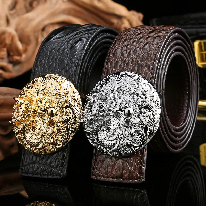 

Crocodile Leather Men Belts High Quality Luxury Design Solid Black Brown Male Belts Casual Golden Silver Buckle Strap Size 125cm