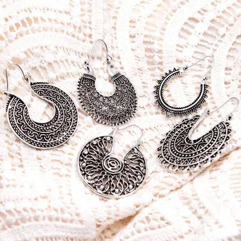 

Retro Korean hollow texture earrings Boho Vintage Tibetan Silver Round Ear Hook Tribal Earrings Retro Hanging Earrings jewelry