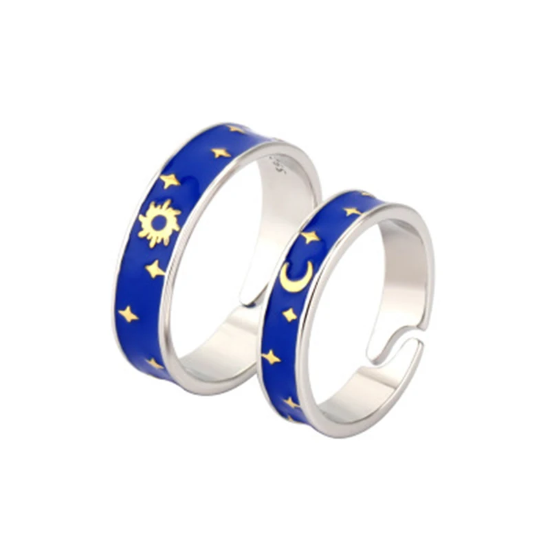 Qevila Rings Genuine 925 Silver Van Gogh Gold Moon Star Sun Enamel Canvas Finger Ring Romantic gifts for Women men Lover Jewelry (4)