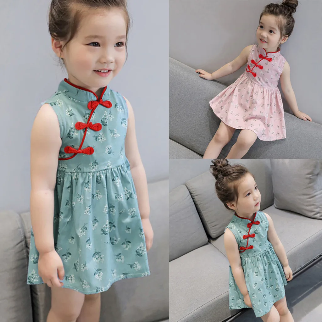 

Toddler Kids Baby dress girl summer Sleeveless Floral Cheongsam Party Princess Dress Outfits prinsessenjurken meisjes#XP30