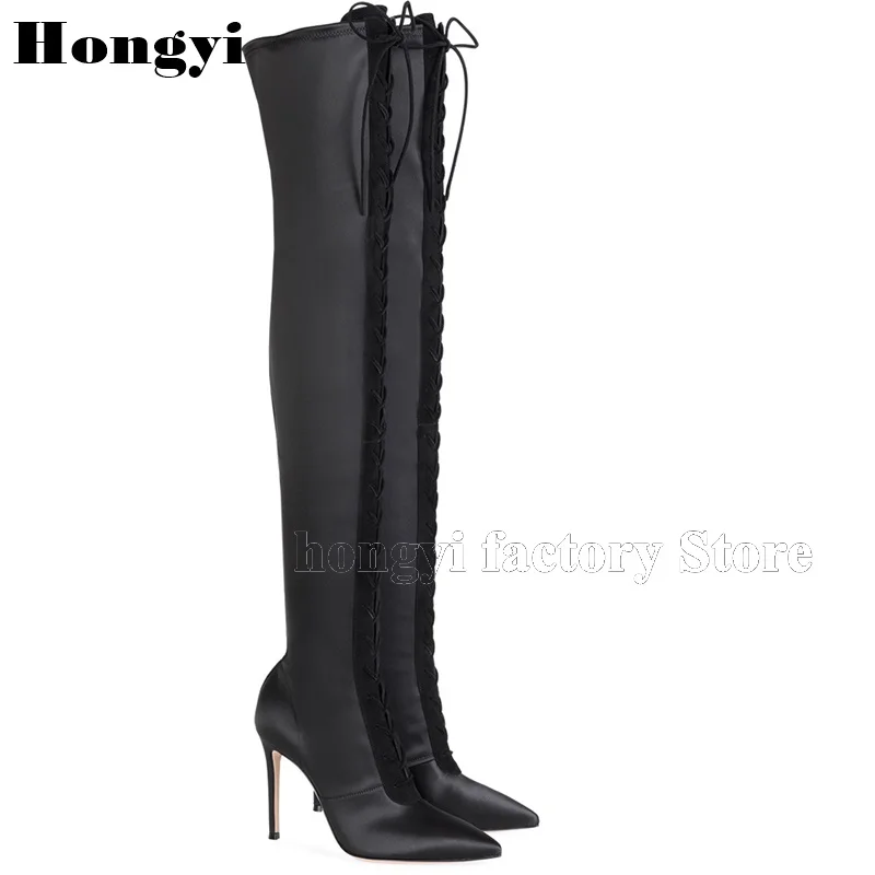 Fashion Satin Patchwork Designer Pointed Toe Thin High Heel Women Over The Knee Boots 2019 Lace Up Gladiator Thigh Long Boot Fashion Satin Patchwork Designer Pointed Toe Thin High Heel Women Over The Knee Boots 2019 Lace Up Gladiator Thigh Long Boot
