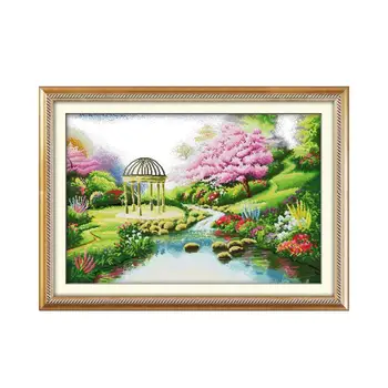 

Romantic garden beautiful landscape cross stitch kit, flowers Creek diy handmade materials package wall decoration gift painting