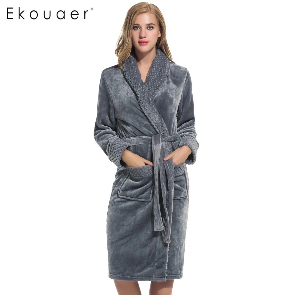 Ekouaer Women Winter Robe Classical Warm Coral Velvet Bathrobes Pure