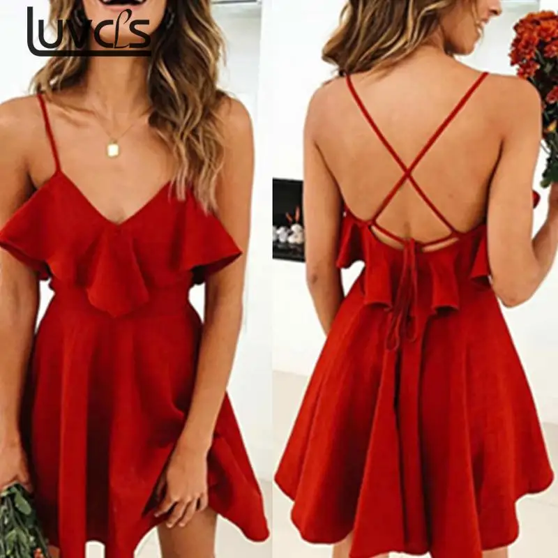 

Summer Sexy Dress Women's Backless Cross Drawstring Ruffles Bundle Waist V-neck Strap Vintage Mini Dress Red Color