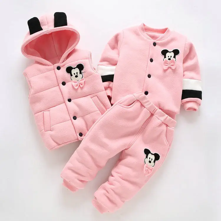 Baby Boy Clothes Winter Korean Fashion Cartoon Vest+ Hooded Coat Pants 3 Set Baby Girl Outfits Bebe Jogging Suits Newborn Suit - Цвет: Розовый