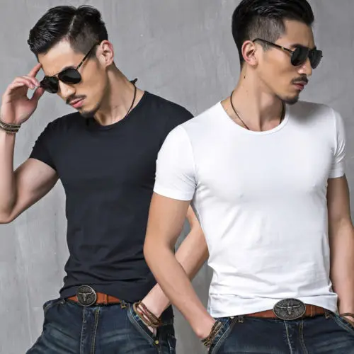Hot Mens Plain Short Sleeve T Shirt Slim Fit Long Extended