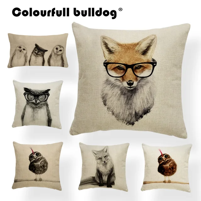 Hand Painted Cushions Vintage Animal Owl Fox Gles Feather Pillow Hand Painted Cushions Vintage Animal Owl Fox Gles Feather Pillow Cushion For Sofa With Cover