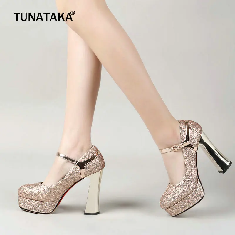 

Women's Fashion Bling Mary Jane Pumps Platform Square High Heels Spring Autumn Buckle High Quality Shoes Ladies Gold Silver
