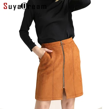 

Women Mini Skirt Faux suede Khaki Winter Skirts Empire Two pockets 2017 Fall Winter