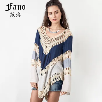 

2018 Hollow Out Colour-block Crochet Loose Summer Tops Womens Shirts Asymmetrical Multicolor V-Neck Long Sleeve Blouse