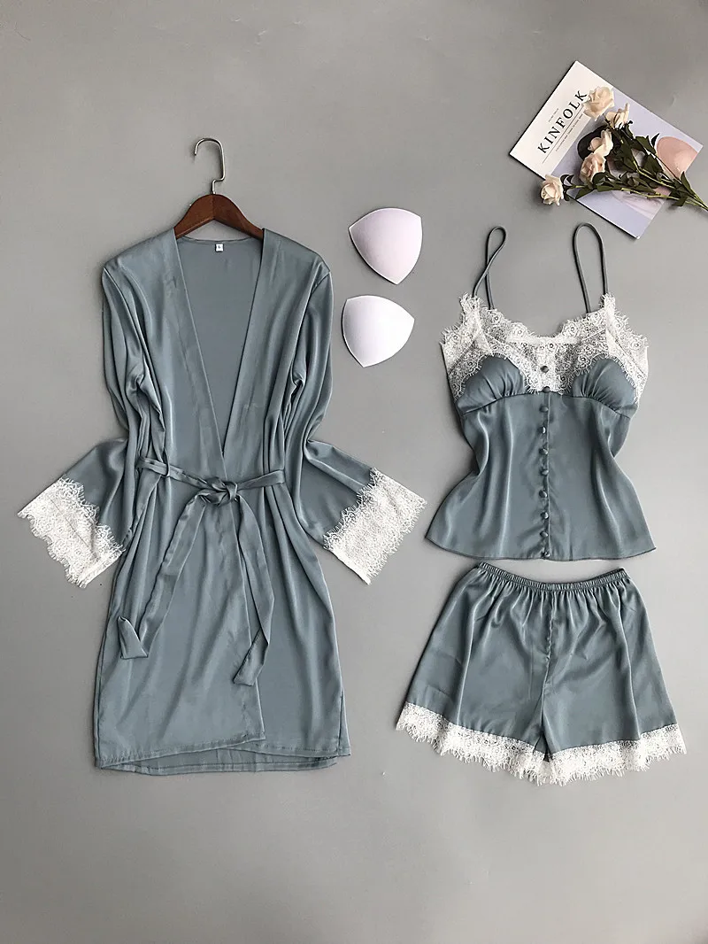 Lisacmvpnel 3 Pcs Ice Silk Robe Set Lace Sexy Bathrobe Spaghetti Strap With Chest Pad Nightdress+Robe+Shorts Pyjama For Women