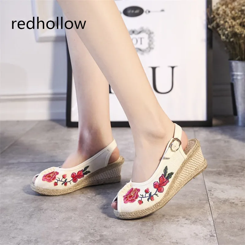 

Women Wedges Sandals Vintage Embroidered Women Summer Sandals Linen Canvas Shoes Sandals Summer Peep Toe Platform Ladies Pumps