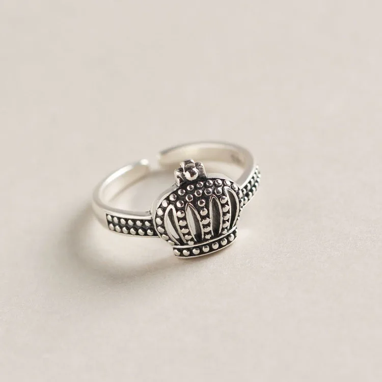 

Genuine 925 Sterling Silver Rings for Women Round Beads Crown Open Adjustable Ring Thai Silver Korean Fashion Jewelry Girl Gifts