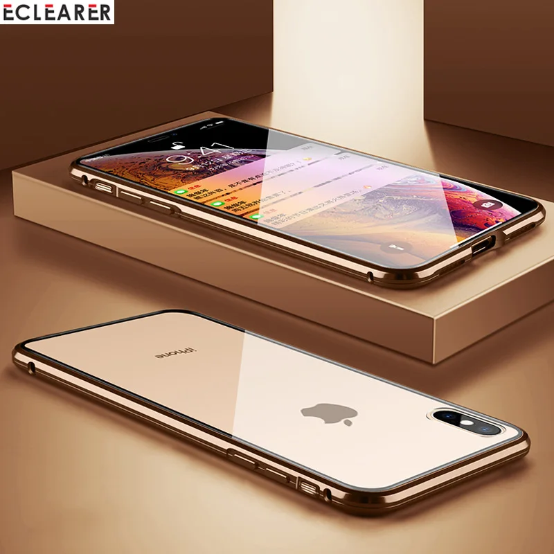 Золотой 360 полный защитный стеклянный чехол для iPhone X XS MAX двухсторонний передний и задний закаленный стеклянный магнит Алюминиевый металлический чехол - Цвет: Золотой