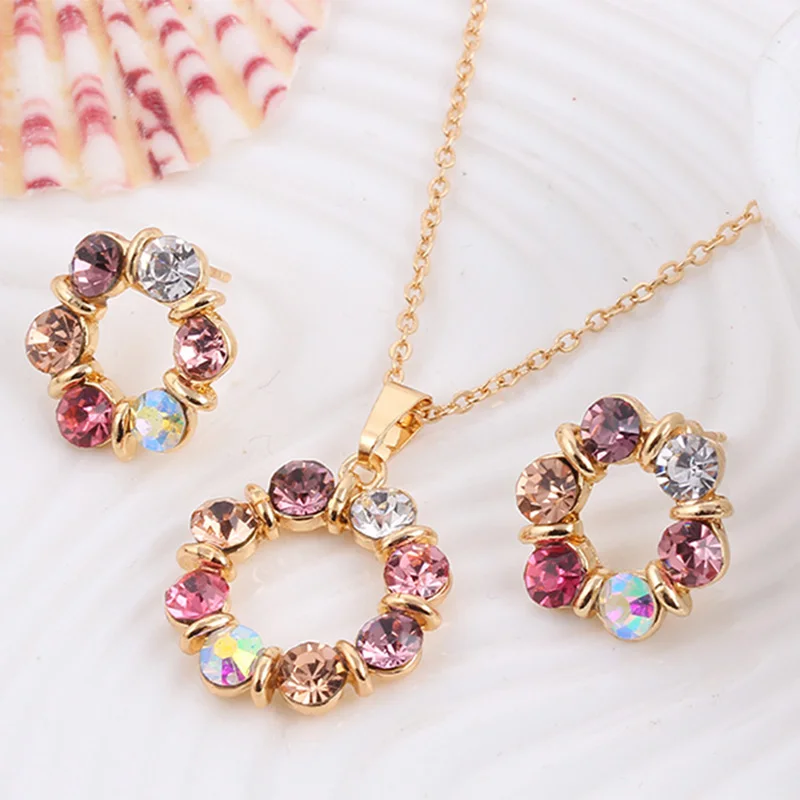 10 sets/lot Women Colorful Rhinestone Jewelry Set Gold Color Round