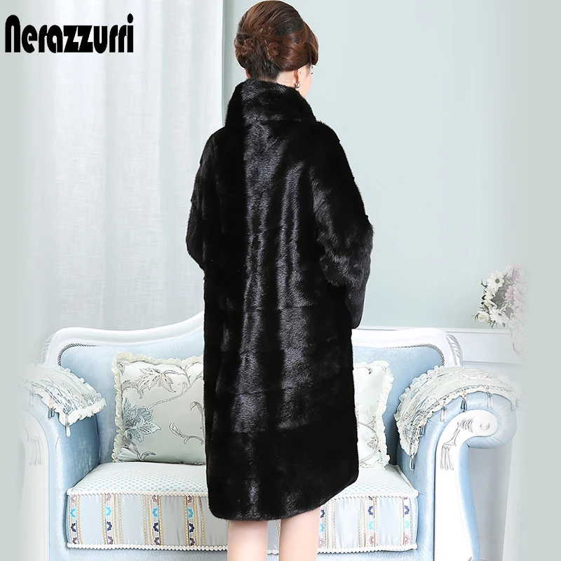 

Nerazzurri Real Mink Fur Coat Women China Black Plus Size 5xl 6xl 7xl long Sleeve Thick Warm Natural Female Genuine Mink Coats