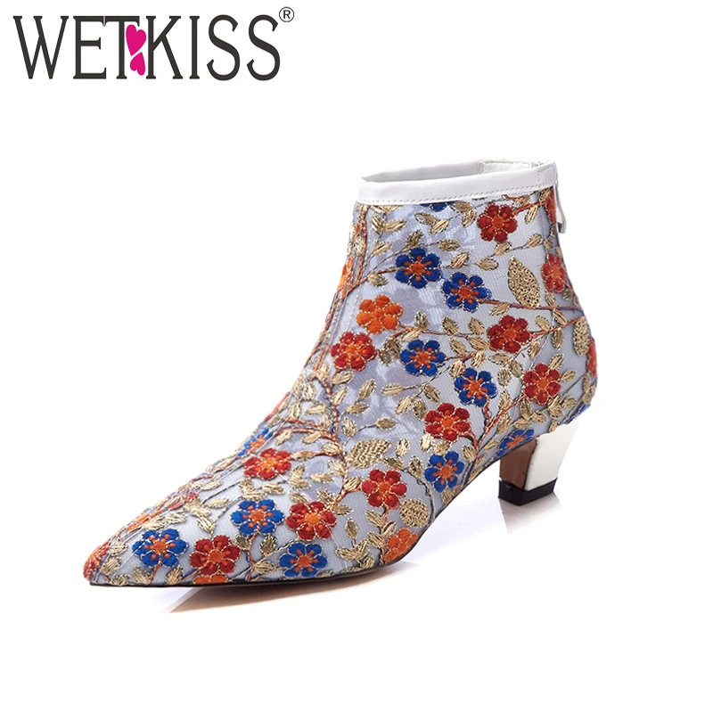 

WETKISS Embroider Spring Ankle Boots Women Fashion Thick Heels Zipper Ladies Shoes Pointed Toe Mesh Cow Leather Female Shoes