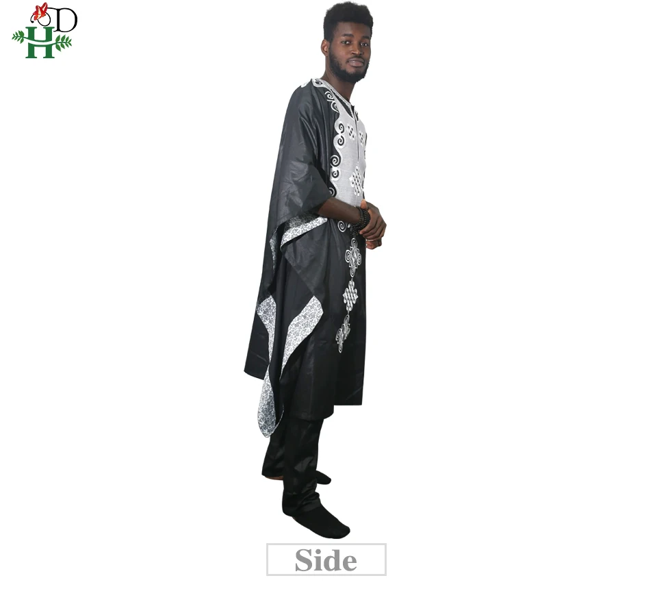 H& D africa men dashiki bazin riche костюмы Топы рубашка брюки 3 шт набор вышивка черный белый африканская мужская одежда халат