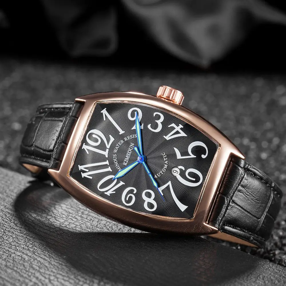 Tanie 2018 luksusowa marka biznes Tonneau mechaniczny zegarek mężczyźni wodoodporna skóra automatyczny self wiatr Wrist Watch mężczyźni relojes hombre