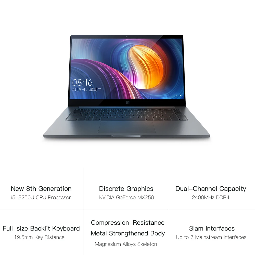 Original Xiaomi Notebook Pro 15.6'' Intel Core i5 8GB i7 16GB Laptop MX250 2GB GDDR5 Fingerprint Recognition 256G/512G Computer