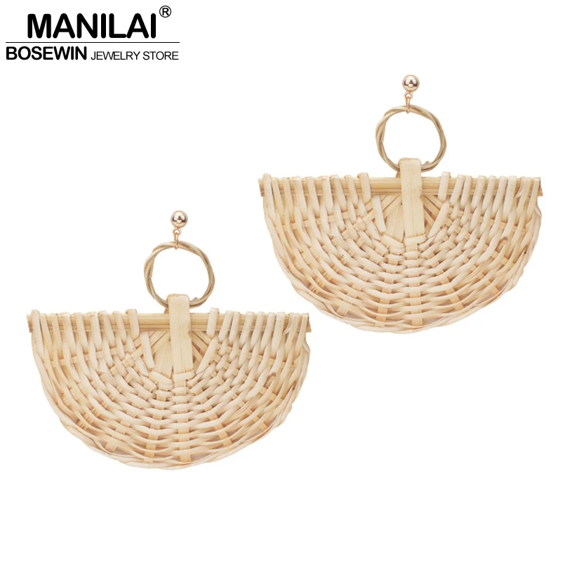 

MANILAI Fashion Handmade Big Fan Dangle Earrings For Women Wood Straw Weave Rattan Wedding Party Gift Statement Earrings Jewelry