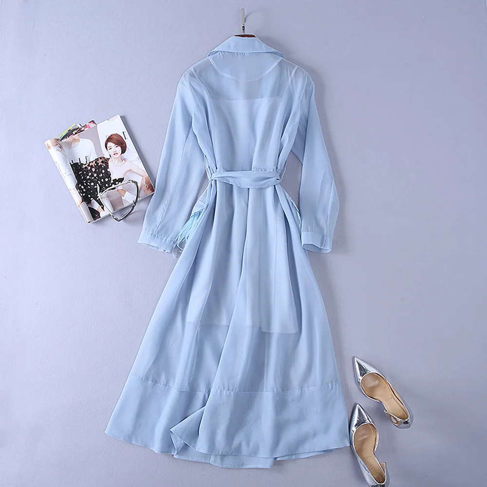 Robe Bretelles Spaghetti Trench Plume Cadeau Cami vent white Pardessus D'autruche Réel Lxunyi coat Coupe Light Femmes Nouveau Blue Mince Transparent Ceintures 46O1vqx7