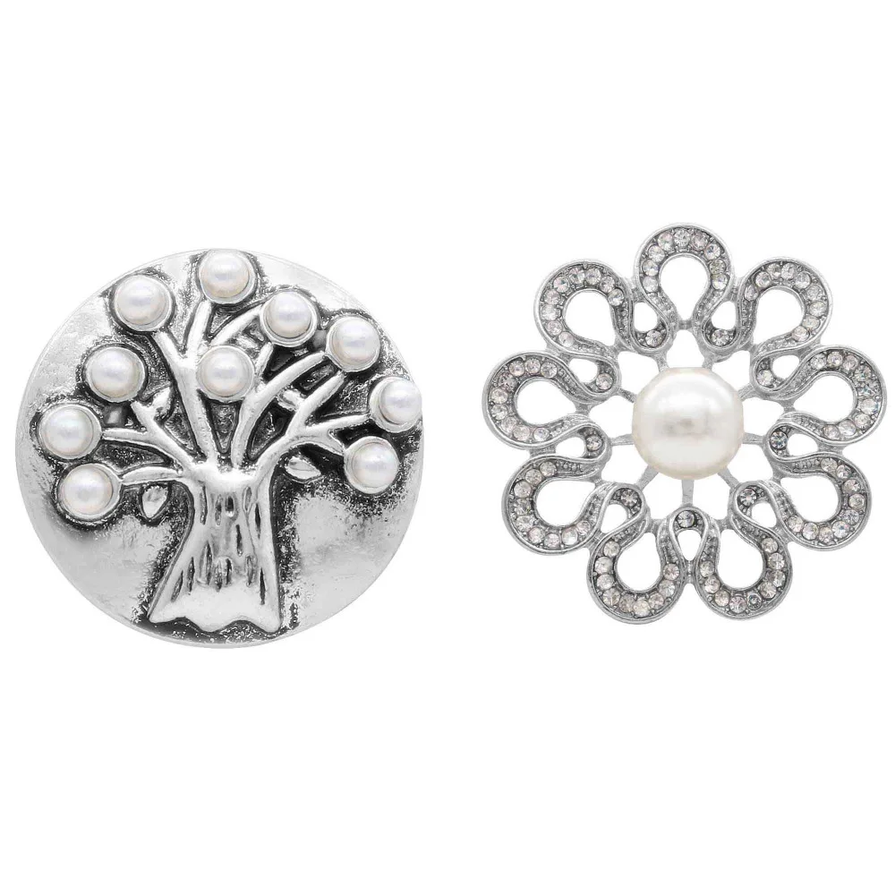 

10pcs/lot 18MM Flower Tree Metal Snap Buttons Jewelry DIY Imitation Pearls Rhinestone Button Fit Snap Bracelet & Bangle jewelry