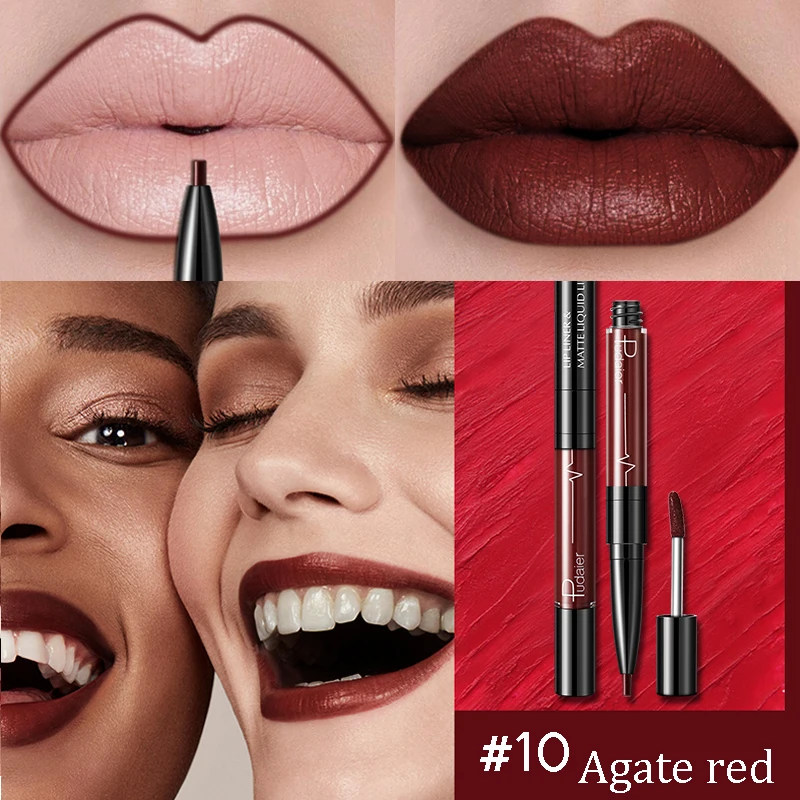 

Pudaier 2 In 1 Liquid Lipstick Waterproof Nude Matte Lip Gloss Plumper Lip Liner Pencil Matte Lipstick Long Lasting cosmetics