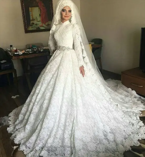 

Saudi Arabia Turkey Women Ball Gown Hand Made Long Sleeve Wedding Gown lace Muslim Wedding dress Bridal dress Vestido De Noiva