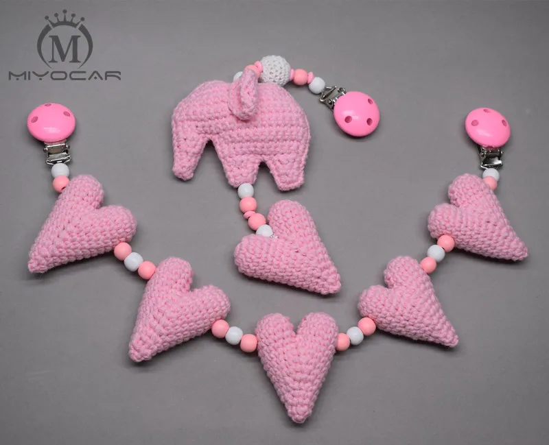 

MIYOCAR handmade wood clip pink heart and elephant stroller toy chain for pram stroller mobile rattle wooden bead crochet
