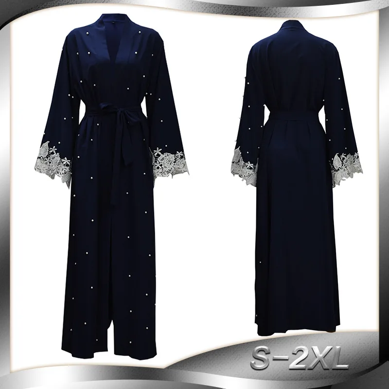 

Plus Size Robe Malaysia Abaya Dubai Kaftan Women Beading Pearl Lace Kimono Cardigan Muslim Hijab Dress Turkish Islamic Clothing