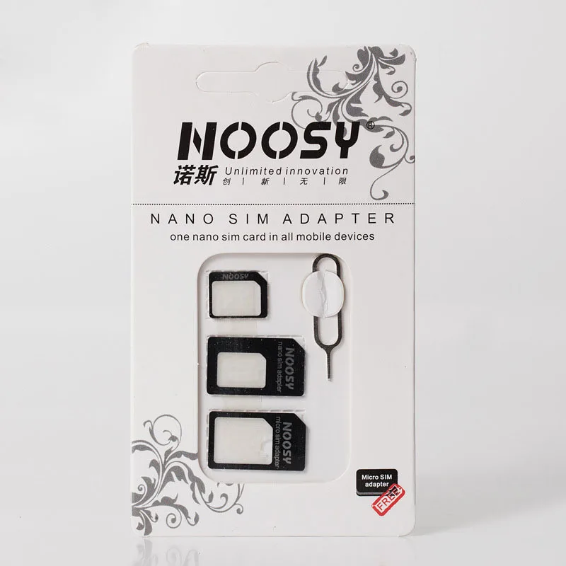 1000 комплектов(4000 шт) 4 в 1 Noosy Nano Micro Sim карта адаптер для извлечения Pin для iPhone 7 6 5 5S для iPhone 6 6plus с розничной коробкой