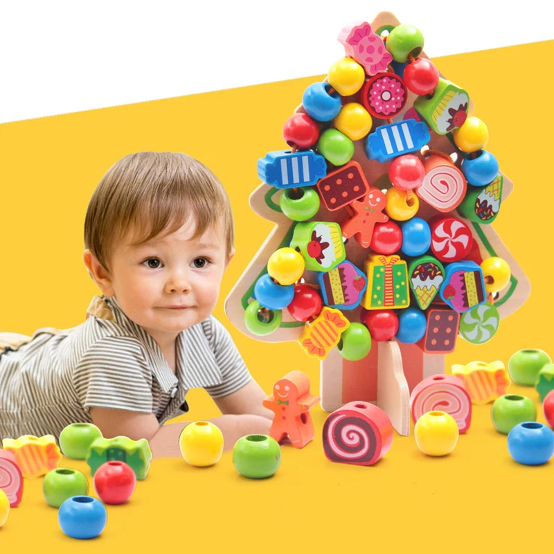 

100PCS Wooden Fruits Vegetables Lacing Stringing Beads Toys with Hedgehog Board Montessori Educational Toy for Kids Children Gif