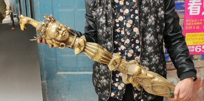 

36" Tibet Brass Protection Deity Mahakala Buddha Head Phurba Dagger Holder FaQi