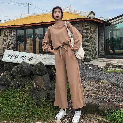 

Casual Style 2 Piece Set Women Pullover O-neck Tops Drawstring Broad Legged Full Length Pants Brief Women Sets Clothes