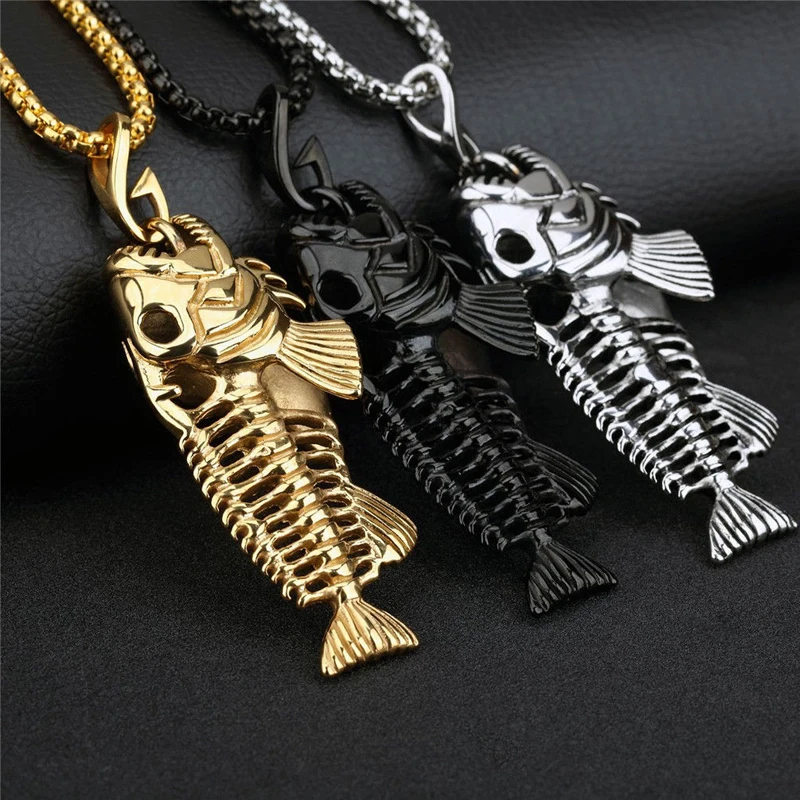 Charm Stainless Steel Hollow Fish Skeleton Bone Pendant Necklace 3 Colors