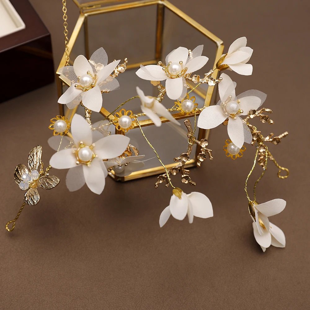 

Gold Color Metal Headband Fabric Flower Headpiece Hair Jewelry for Wedding Party Bridal Headwear Necklace Earrings Jewellery Set