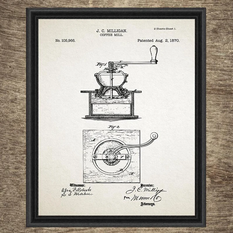 Coffee Patent Blueprint Painting Kitcen Decoration