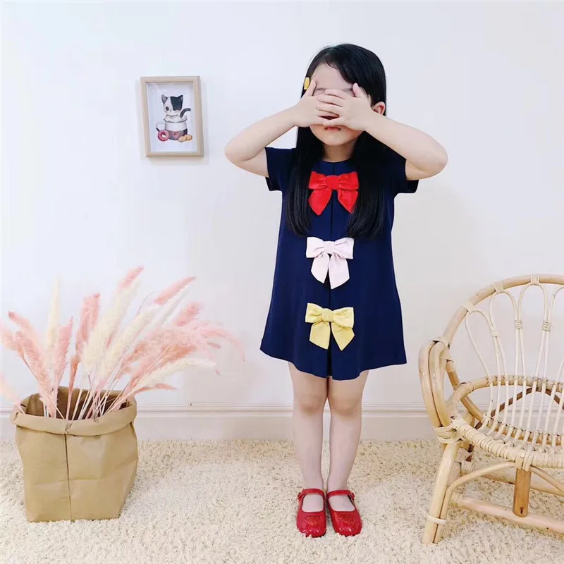 

2019 New Fashion Summer Blue Dress Baby Girls Dress Sweet Bow Design Infant Baby Girls Boutique Dresses