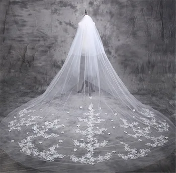 

5 Meters White Bride Cathedral Long Wedding Veil 2020 High Quality Lace Appliques Bridal Veils Veu De Noiva Longo Com Renda