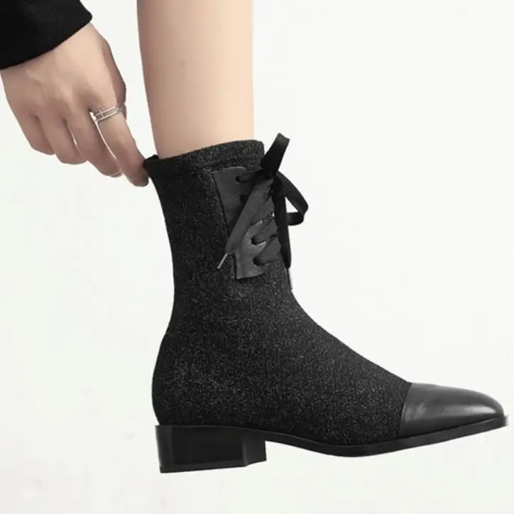 

Spring and fall fashion sanding elastic knitting shows thin leather with Martin boots