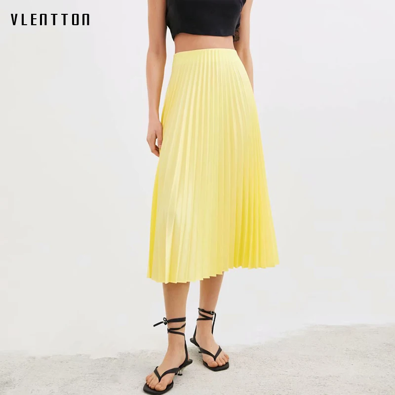 

2019 Spring Summer Newest Yellow Women's Skirt Fashion Solid Midi Skirts Casual Elastic High waist A-Line Pleated Skirt