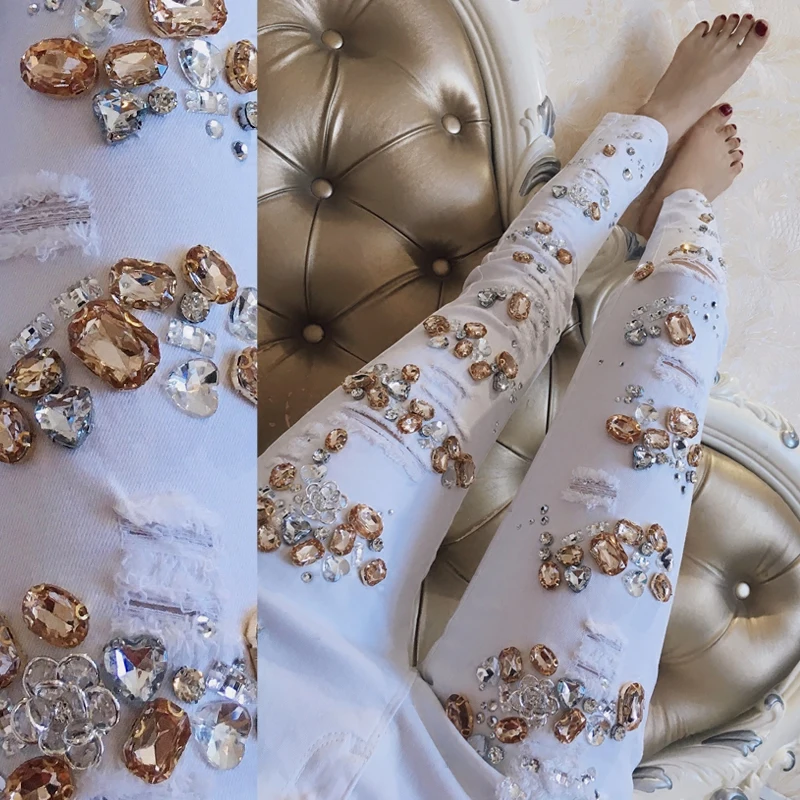 

Brand design yellow diamonds women denim pants Real photo spirng new female jeans high quality cowboy Pencil Pants trousers g589