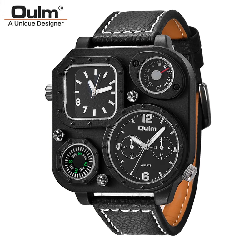  Oulm New Fashion Men's Military Watches Decorative Compass and Thermometer Quartz Watch Two Time Zo